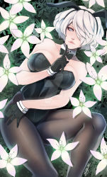 Rule 34 | 1girl, alternate costume, alternate legwear, animal ears, bare shoulders, black gloves, black pantyhose, blue eyes, bow, bowtie, breasts, detached collar, facing viewer, fake animal ears, field, finger to mouth, flower, flower field, gloves, hair over one eye, highres, its just suppi, large breasts, leotard, lips, lying, mole, mole under mouth, nier (series), nier:automata, no blindfold, on back, pale skin, pantyhose, pink lips, playboy bunny, rabbit ears, short hair, silver hair, solo, strapless, strapless leotard, thick thighs, thighs, watermark, 2b (nier:automata)