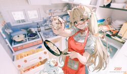 Rule 34 | 1girl, absurdres, ahoge, animal, animal ears, apron, bad food, bell, blonde hair, blue eyes, blurry, bottle, breasts, calico, cat, cat ears, cat girl, cat hair ornament, cat tail, chef hat, choker, chopsticks, closed mouth, clothed animal, coffee maker, commentary request, cooking pot, counter, cowboy shot, cup, depth of field, dish rack, dishwasher, dumpling, english text, faucet, fish earrings, food, frying pan, glasses, glint, hair ornament, hair scrunchie, halterneck, hat, head tilt, highres, holding, holding chopsticks, holding frying pan, incoming food, indoors, jingle bell, kitchen, ladle, logo, long hair, looking at viewer, medium breasts, nail polish, neck bell, original, outstretched arm, plate, puffy short sleeves, puffy sleeves, reaching, reaching towards viewer, red-framed eyewear, red apron, scrunchie, shirt, short sleeves, sink, smile, solo, sparkle, spatula, standing, stove, tail, tail bell, tail ornament, timestamp, tongs, towel, white shirt, window, z3zz4