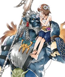 Rule 34 | 00s, 1girl, backlighting, bad id, bad pixiv id, bare shoulders, barefoot, beard, blue skin, broken horn, brown hair, child, collarbone, colored skin, facial hair, final fantasy, final fantasy x, flower, fur, hair flower, hair ornament, horns, kimahri ronso, muscular, ronso, single horn, sitting, sitting on shoulder, skirt, toes, weapon, white background, yellow eyes, aged down, yukataro, yuna, yuna (ff10)