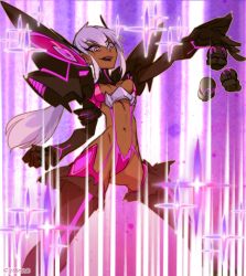 Rule 34 | 1girl, adapted costume, ben 10, boots, breasts, charmcaster, cosplay, crossover, dark-skinned female, dark skin, gloves, gyosone, junketsu, kamui (kill la kill), kill la kill, lipstick, long hair, makeup, medium breasts, open mouth, outstretched arms, purple lips, revealing clothes, short hair with long locks, skirt, smile, suspender skirt, suspenders, thigh boots, thighhighs, white hair