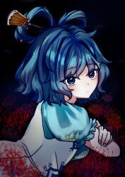 Rule 34 | 1girl, absurdres, black background, blue eyes, blue hair, chisel, closed mouth, crossed arms, flower, hair ornament, hair rings, hair stick, highres, kaku seiga, red flower, short hair, short sleeves, simple background, solo, spider lily, touhou, yuuri0902 12