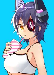 Rule 34 | 1girl, bad id, bad twitter id, bikini, blue background, breasts, cup, disposable cup, drinking straw, eyepatch, hair between eyes, headgear, highres, holding, holding cup, kantai collection, katsuobushi (eba games), large breasts, looking at viewer, purple hair, short hair, simple background, solo, swimsuit, tenryuu (kancolle), upper body, white bikini, yellow eyes