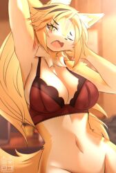 animal_ears blonde_hair bottomless bra bra_only cat_ears furry green_eyes pulchra_(zenless_zone_zero) red_bra underwear yawning zenless_zone_zero