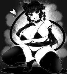 Rule 34 | 1girl, animal ears, bikini, blunt bangs, braid, breasts, cat ears, cat girl, cat tail, cleavage, clothes lift, commentary request, curvy, detached collar, elbow gloves, extra ears, gloves, greyscale, haseru (ginku mh), heart, huge breasts, kaenbyou rin, lifted by self, looking at viewer, medium hair, micro bikini, monochrome, multiple tails, nekomata, open mouth, pointy ears, side braids, sidelocks, smile, solo, squatting, swimsuit, tail, thighhighs, tongue, tongue out, touhou, twin braids, two tails