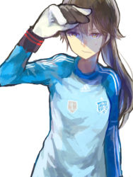 Rule 34 | 1girl, adidas, angela salas larrazabal, brown hair, goalkeeper, long hair, long sleeves, ponytail, shirono kuma, simple background, soccer, soccer uniform, solo, spain, sportswear, strike witches, sweatdrop, upper body, white background, world cup, world witches series, yellow eyes