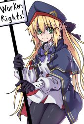 Rule 34 | 1girl, absurdres, artoria caster (fate), artoria pendragon (fate), black gloves, black pantyhose, blonde hair, bow, bowtie, buttons, double-breasted, ebora, english text, fate/grand order, fate (series), gloves, green eyes, grey cloak, hair between eyes, hair bow, hat, highres, jacket, looking at viewer, pantyhose, purple bow, shaded face, sign, solo, sweat, white jacket