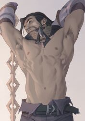 Rule 34 | 1boy, abs, armpit hair, armpits, bara, beard, black hair, chain, facial hair, highres, large pectorals, league of legends, leaning back, long hair, looking to the side, male focus, mature male, muscular, muscular male, mustache, navel, nipples, pectorals, saturn (satscarlet), solo, stomach, stretching, sylas (league of legends), topless male