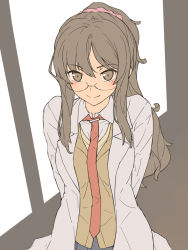Rule 34 | 10s, 1girl, arms behind back, blue skirt, blush, brown eyes, brown hair, chiharu (9654784), closed mouth, coat, collared shirt, commentary request, futaba rio, glasses, hair ornament, hair scrunchie, highres, lab coat, looking at viewer, necktie, open clothes, open coat, pink scrunchie, pleated skirt, ponytail, red necktie, school uniform, scrunchie, seishun buta yarou, shirt, sketch, skirt, smile, solo, sweater, undershirt, white coat, white shirt, wing collar