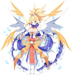 Rule 34 | 1girl, bat wings, blonde hair, blue eyes, breasts, bright pupils, cleavage, demon girl, demon wings, detached sleeves, detached wings, disgaea, disgaea rpg, dress, feathers, full body, hair between eyes, highres, jewelry, large breasts, multiple wings, non-web source, official art, open mouth, photoshop (medium), ring, rozalin, slit pupils, solo, sparkle, strapless, strapless dress, transparent background, updo, white wings, wings