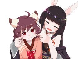 Rule 34 | 2girls, ahoge, animal ears, bismuthoekaki, black hair, black kimono, blush, brown hair, cat ears, cat girl, cheek pinching, cheek pull, closed eyes, closed mouth, commentary request, frown, hime cut, ichihime, japanese clothes, kaguyahime (mahjong soul), kimono, long hair, looking at viewer, mahjong soul, medium bangs, multiple girls, obi, open mouth, pinching, pink kimono, rabbit ears, rabbit girl, red eyes, red sash, sash, short hair, simple background, smile, upper body, v-shaped eyebrows, white background
