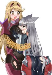 Rule 34 | 2girls, absurdres, animal ears, ass, between breasts, blush, bodysuit, bound, bound together, breasts, breasts squeezed together, cameltoe, cat ears, covered erect nipples, embarrassed, grey hair, head between breasts, highres, huge breasts, i am anddo, long hair, m (xenoblade), multiple girls, mythra (xenoblade), restrained, torn bodysuit, torn clothes, xenoblade chronicles (series), xenoblade chronicles 2, xenoblade chronicles 3, yuri