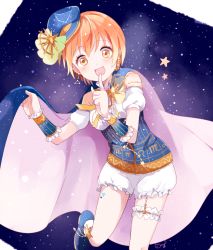 Rule 34 | 10s, 1girl, :d, bad id, bad pixiv id, cape, commentary request, constellation costume, earrings, finger to mouth, garter straps, hat, holding, holding cape, holding clothes, hoshizora rin, jewelry, love live!, love live! school idol festival, love live! school idol project, mei (maysroom), open mouth, orange hair, short hair, shorts, sky, smile, solo, star (sky), starry sky, starry sky print, thigh strap, wrist cuffs, yellow eyes, zodiac