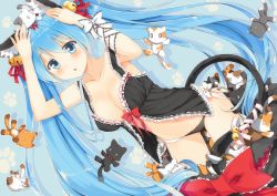 Rule 34 | 1girl, animal ears, babydoll, bell, black panties, blue eyes, blue hair, blush, breasts, cat, cat ears, cat tail, collarbone, hair bell, hair ornament, hatsune miku, large breasts, long hair, looking at viewer, matching hair/eyes, navel, panties, revision, solo, tail, terras, too many, too many cats, twintails, underwear, very long hair, vocaloid