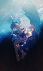 Rule 34 | 1girl, artist name, barefoot, blue hair, detached sleeves, earrings, english text, floating hair, hatsune miku, highres, jewelry, knees together feet apart, long hair, miv4t, pleated skirt, profile, skirt, solo, star (symbol), star earrings, submerged, text focus, twintails, underwater, vocaloid