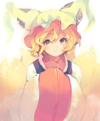 Rule 34 | 1girl, animal hat, blonde hair, dress, fox tail, hands in opposite sleeves, hat, highres, long sleeves, looking at viewer, mob cap, multiple tails, short hair, smile, solo, sparkle, surumeri (baneiro), tail, touhou, upper body, white dress, white hat, wide sleeves, yakumo ran, yellow eyes