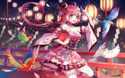 Rule 34 | 1girl, aerial fireworks, ahoge, akira (ying), animal, bird, black bow, black hat, blue eyes, bow, braid, breasts, cleavage, commentary request, fireworks, flower, hair bow, hat, highres, hugging object, lantern, long hair, long sleeves, mini hat, obi, original, paper lantern, pink footwear, railing, red flower, red hair, red rose, rose, sash, shoes, skirt, small breasts, solo, standing, standing on one leg, strapless, tilted headwear, very long hair, white sleeves, wide sleeves