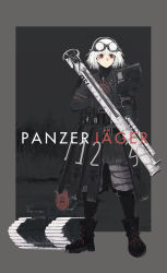 Rule 34 | 1girl, black coat, black footwear, boots, border, camouflage, camouflage pants, caterpillar tracks, coat, commentary, cross-laced footwear, expressionless, german commentary, german text, goggles, goggles on head, highres, holding, holding weapon, infrared, kanoe (kanoe502), load bearing vest, military, military uniform, night vision device, original, pants, panzerschreck, pouch, red eyes, robot, rocket launcher, short hair, soldier, solo, uniform, weapon, white hair