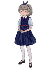 Rule 34 | 1girl, alternate costume, asasow, belt, blue bow, blue dress, blue hairband, bow, brown eyes, brown hair, closed mouth, collared shirt, commentary request, dress, expressionless, full body, grey sleeves, hair bow, hairband, hatoba tsugu, highres, looking at viewer, mary janes, medium hair, mole, mole under eye, neck ribbon, own hands together, pantyhose, pinafore dress, puffy short sleeves, puffy sleeves, red belt, red ribbon, ribbon, shirt, shoes, short sleeves, simple background, sleeveless, sleeveless dress, solo, standing, tsugu (vtuber), virtual youtuber, white background, white pantyhose