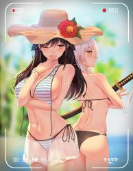 Rule 34 | 2girls, animal ears, artist name, ass, azur lane, back, back-to-back, beach, bikini, black bikini, black hair, blue sky, blurry, blurry background, blush, breasts, brown eyes, choker, choukai (azur lane), cleavage, cloud, collarbone, day, dimples of venus, duplicate, fingers to mouth, flower, groin, hair between eyes, hair ornament, hat, hat flower, highres, holding, holding weapon, katana, large breasts, long hair, looking at viewer, looking back, maya (azur lane), multiple girls, ocean, one eye closed, open mouth, outdoors, sand, see-through, short hair, side-tie bikini bottom, sidelocks, silver hair, sky, smile, stomach, striped bikini, striped clothes, sun hat, swimsuit, sword, thighs, tree, untied bikini, untied bikini top, v, viewfinder, weapon, wet, wristband, yellow eyes, you ni ge shaobing