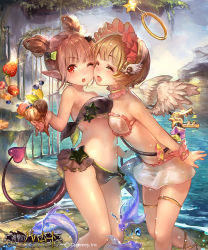 Rule 34 | 10s, 2girls, ;o, ^ ^, ^o^, angel, angel and devil, angel wings, animal, bare shoulders, barefoot sandals (jewelry), bikini, blush, breast press, breasts, bridal garter, brown hair, cheek-to-cheek, closed eyes, demon tail, fish, flower, food, frilled bikini, frills, fruit, glint, hair ribbon, hairband, halo, heads together, ice cream, ice cream cone, ken, key, leaning forward, liiko (lodougal), long hair, looking at viewer, multiple girls, navel, ocean, one eye closed, pointy ears, red eyes, ribbon, scales, shingeki no bahamut, short hair, skirt, sky, smile, standing, star (symbol), strawberry, swimsuit, tail, twintails, two side up, water, wings