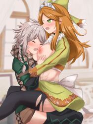 Rule 34 | 1boy, 1girl, black thighhighs, blush, breasts, breasts out, clanne (fire emblem), closed eyes, commission, etie (fire emblem), fire emblem, fire emblem engage, green eyes, highres, intelligent systems, large breasts, midriff, nintendo, one eye closed, orange hair, sex, skeb commission, thighhighs, tiara, torn clothes, torn thighhighs, toshimasa