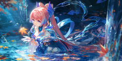Rule 34 | 1girl, absurdres, akihara nozomi, autumn leaves, babydoll, blue hair, blurry, bow-shaped hair, colored tips, depth of field, detached sleeves, falling leaves, frilled babydoll, frilled sleeves, frills, genshin impact, gloves, gradient hair, half gloves, hands up, head wings, highres, leaf, long hair, looking at object, looking to the side, multicolored hair, parted lips, partially submerged, pink hair, purple eyes, sangonomiya kokomi, sidelocks, solo, two-tone hair, upper body, water, waterfall, white gloves, wide sleeves, wings