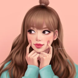 Rule 34 | 1girl, blackpink, brown eyes, brown hair, close-up, lips, lisa (blackpink), long hair, looking at viewer, looking to the side, pink background, real life, signature, smile, solo, umigraphics