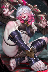 Rule 34 | 1girl, ahoge, black bra, black panties, blood, blood on ground, bra, breasts, briar (league of legends), colored sclera, commentary, detached sleeves, english commentary, feet, fingernails, foot focus, full body, gradient hair, grey hair, grey nails, hair between eyes, highres, indoors, knees up, league of legends, legs, looking at viewer, medium breasts, medium hair, mixed-language commentary, multicolored hair, nail polish, neoartcore, no pupils, no shoes, on ground, open mouth, paid reward available, panties, patreon username, pink hair, pointy ears, red sclera, sharp fingernails, sharp teeth, sidelocks, sitting, solo, stirrup legwear, teeth, thai commentary, thigh strap, thighs, toeless legwear, toenail polish, toenails, toes, tongue, two-tone hair, underwear, vampire, white eyes, wrist cuffs