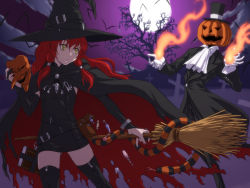Rule 34 | bat (animal), black thighhighs, book, bracelet, bridal gauntlets, broom, candy, cape, food, halloween, hat, iga tomoteru, jack-o&#039;-lantern, jewelry, looking back, mask, original, pumpkin, red hair, snake, thighhighs, torn clothes, witch, witch hat, yellow eyes