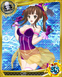 Rule 34 | 10s, 1girl, argyle, argyle background, argyle clothes, argyle legwear, artist request, blue background, breasts, brown eyes, brown hair, card (medium), character name, chess piece, covered erect nipples, gloves, hair ribbon, halftone, halftone background, hat, high school dxd, large breasts, magic circle, mini hat, mini top hat, murayama (high school dxd), official art, pawn (chess), purple gloves, ribbon, smile, solo, thighhighs, top hat, trading card, twintails, white thighhighs