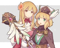 Rule 34 | 2girls, blonde hair, dress, earrings, feather hair ornament, feathers, fingerless gloves, fire emblem, fire emblem: genealogy of the holy war, fire emblem: thracia 776, fire emblem heroes, flower, gloves, green eyes, green nails, haconeri, hair flower, hair ornament, hat, holding, holding staff, jewelry, lachesis (fire emblem), long hair, mother and daughter, multiple girls, nail polish, nanna (fire emblem), nintendo, official alternate costume, red dress, short hair, smile, staff, upper body
