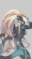 Rule 34 | 1girl, :3, absurdres, against wall, animal ears, arched back, arm up, artist name, ass, black eyes, blonde hair, blush, breasts, cat ears, cat tail, censored, claws, colored sclera, dagger, earrings, facial mark, fangs, fatima eaglefeather, female focus, from behind, furry, furry female, grey background, hair ornament, hair over one eye, half-closed eyes, hand up, heart, heart censor, highres, jewelry, knife, lin mzhh, long hair, looking at viewer, looking back, medium breasts, mouth hold, nipples, nude, open mouth, ponytail, presenting, pussy, pussy juice, sdorica, sharp teeth, signature, simple background, solo, spread legs, standing, tail, tattoo, teeth, tongue, transparent censoring, very long hair, weapon, yellow sclera