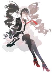 Rule 34 | 1girl, 7tkei, absurdres, black hair, black jacket, black skirt, black thighhighs, blunt bangs, celestia ludenberg, chinese commentary, collared shirt, commentary request, curly hair, danganronpa: trigger happy havoc, danganronpa (series), drill hair, expressionless, floating neckwear, frilled hairband, frilled sleeves, frilled thighhighs, frills, from side, full body, hairband, high heels, highres, invisible chair, jacket, layered skirt, layered sleeves, long hair, necktie, red eyes, red footwear, red necktie, shirt, shoes, simple background, sitting, skirt, solo, thighhighs, twin drills, white background, white hairband, white shirt
