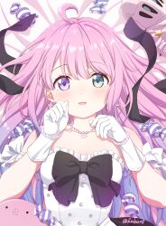 Rule 34 | 1girl, absurdres, ahoge, armband, black bow, black ribbon, blue hair, blush, bow, bracelet, candy, crescent, crescent earrings, crescent necklace, dress, earrings, food, frilled dress, frills, fuusuke (fusuke208), gloves, gradient hair, green eyes, hair ribbon, heterochromia, highres, himemori luna, himemori luna (4th costume), hololive, jewelry, large bow, long hair, looking at viewer, luknight (himemori luna), lying, multicolored hair, necklace, pearl bracelet, pearl necklace, pink hair, purple eyes, ribbon, strapless, strapless dress, virtual youtuber, white armband, white dress, white gloves