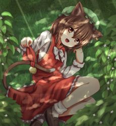 Rule 34 | 1girl, :3, :d, animal ears, baram, bell, bobby socks, brown hair, cat ears, cat tail, chen, daisy, dappled sunlight, earrings, fang, flower, grass, hat, highres, jewelry, jingle bell, loafers, long sleeves, looking at viewer, lying, mob cap, multiple tails, on side, open mouth, outdoors, red eyes, ribbon, shoes, short hair, single earring, skirt, smile, socks, solo, sunlight, tail, tail ornament, tail ribbon, touhou, vest