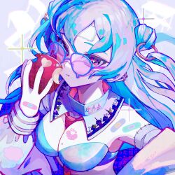 Rule 34 | 1girl, :t, apple, bandaid, bandaid on hand, blue-framed eyewear, blue bra, bra, breasts, cleavage, closed mouth, cross-shaped pupils, detached hair, double bun, eating, fingernails, food, food bite, fruit, glasses, hair bun, highres, holding, holding food, holding fruit, looking at viewer, medium breasts, mitsuo (nail-diter), mole, mole on breast, original, pink nails, red apple, red eyes, sion001250, solo, stitched arm, stitches, symbol-shaped pupils, underwear, upper body