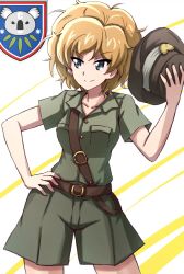 Rule 34 | 1girl, belt, blue eyes, brown belt, closed mouth, collared shirt, commentary, cowboy shot, girls und panzer, green shirt, green shorts, hand on own hip, hat, highres, holding, holding clothes, holding hat, kamonohashi (girls und panzer), koala forest (emblem), koala forest military uniform, looking to the side, messy hair, omachi (slabco), orange hair, sam browne belt, shirt, short hair, short sleeves, shorts, slouch hat, smile, solo, standing, unworn hat, unworn headwear