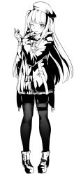 Rule 34 | 1girl, blush, commentary, full body, girls&#039; frontline, gloves, greyscale, long hair, long sleeves, looking at viewer, mdr (girls&#039; frontline), monochrome, one eye closed, one side up, pantyhose, shiseki hirame, shoes, side ponytail, simple background, smile, solo, white background