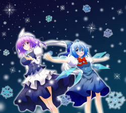 Rule 34 | 2girls, blue eyes, blue hair, bow, breasts, cirno, dress, hair bow, hat, large breasts, letty whiterock, multiple girls, osashin (osada), outstretched arms, perfect cherry blossom, purple eyes, purple hair, scarf, short hair, snow, snowflakes, snowing, spread arms, touhou, white scarf, wings