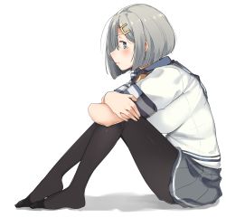 Rule 34 | &gt;:t, 10s, 1girl, :t, black pantyhose, blush, breasts, closed mouth, feet, from side, full body, grey hair, grey skirt, hair ornament, hairclip, hamakaze (kancolle), highres, hugging own legs, kantai collection, kei (soundcross), large breasts, looking at viewer, no shoes, pantyhose, pleated skirt, pout, profile, school uniform, serafuku, short hair, simple background, sitting, skirt, solo, tears, v-shaped eyebrows, white background