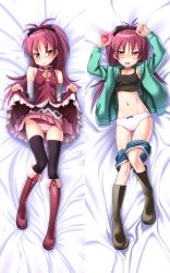 Rule 34 | 10s, 1girl, bad id, bad pixiv id, bare shoulders, black thighhighs, blush, boots, bow, bow panties, breasts, cameltoe, camisole, clothes lift, clothes pull, dakimakura (medium), denim, denim shorts, fangs, hair ribbon, highres, hood, hoodie, knee boots, lying, mahou shoujo madoka magica, mahou shoujo madoka magica (anime), multiple views, navel, okina ika, on back, open mouth, panties, petite, red eyes, red hair, ribbon, sakura kyoko, shorts, shorts pull, skirt, skirt lift, small breasts, soul gem, striped clothes, striped panties, tears, thighhighs, underwear, undressing, white panties