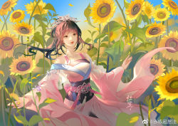 Rule 34 | 1girl, black sash, blue sky, brown hair, chi lian (qin shi ming yue), chi lian qiju zhu, dress, flower, hair ornament, highres, jewelry, necklace, open mouth, outstretched arms, pink dress, ponytail, qinshi mingyue, sash, sky, solo, sparkle, spread arms, sunflower, teeth