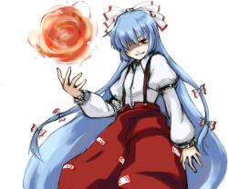 Rule 34 | 1girl, blue hair, bow, collared shirt, commentary request, fireball, flat chest, frilled sleeves, frills, fujiwara no mokou, hair bow, hair ribbon, hand up, light blue hair, long hair, long sleeves, ofuda, ofuda on clothes, pants, red eyes, red pants, ribbon, shirt, simple background, sketch, smile, solo, suspenders, suwi, touhou, white background, white bow, white ribbon, white shirt