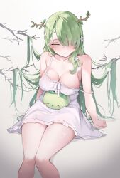 Rule 34 | 1girl, absurdres, antlers, arm support, artist name, bare arms, bare shoulders, blush, branch, breasts, ceres fauna, collarbone, commentary, feet out of frame, flower, green hair, hair flowing over, hair over one eye, half-closed eye, highres, hololive, hololive english, horns, large breasts, leaf, long hair, looking at viewer, mascot, mole, mole under eye, namiorii, nightgown, one eye covered, parted lips, sapling (ceres fauna), simple background, sitting, sleepwear, sleepy, snow, solo, strap slip, symbol-only commentary, teeth, very long hair, virtual youtuber, white background, white flower, white nightgown, yellow eyes