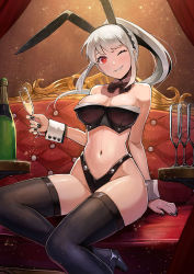 Rule 34 | 1girl, animal ears, arm support, bare arms, bare shoulders, black footwear, black nails, black panties, black thighhighs, bow, bowtie, breasts, chaise longue, champagne bottle, champagne flute, cleavage, crop top, cup, detached collar, drinking glass, fake animal ears, grin, hairband, high heels, highleg, highleg panties, holding, holding cup, kuroi susumu, large breasts, long hair, looking at viewer, midriff, nail polish, navel, one eye closed, original, panties, ponytail, rabbit ears, red eyes, revealing clothes, silver hair, sitting, smile, solo, stomach, strapless, thighhighs, thighs, underwear, wrist cuffs