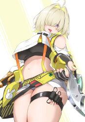 Rule 34 | 1girl, absurdres, ahoge, black gloves, black sports bra, blonde hair, breasts, clothing cutout, crop top, crop top overhang, cropped sweater, elegg (nikke), exposed pocket, from below, gloves, goddess of victory: nikke, grey shorts, hair intakes, hair over eyes, hairu 821, highres, holding, large breasts, long bangs, long sleeves, micro shorts, multicolored clothes, multicolored gloves, multicolored hair, nail polish, navel, purple eyes, short hair, shorts, shoulder cutout, skindentation, solo, sports bra, suspender shorts, suspenders, thigh strap, thighs, tongue, tongue out, two-tone hair, yellow gloves, yellow nails