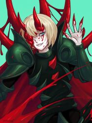 Rule 34 | 1boy, aqua background, armor, blonde hair, blood, blood on face, blood on hands, bloodface (blazemalefica), blue eyes, borrowed character, hand up, highres, horns, looking at viewer, male focus, medium hair, notgunn, original, pale skin, parted lips, red horns, simple background, smile, solo, upper body