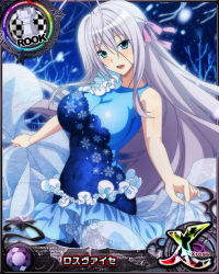 Rule 34 | 1girl, antenna hair, aqua eyes, blue dress, breasts, card (medium), character name, chess piece, dress, hair ribbon, high school dxd, large breasts, long hair, official art, open mouth, panties, ribbon, rook (chess), rossweisse, silver hair, smile, solo, trading card, underwear, very long hair