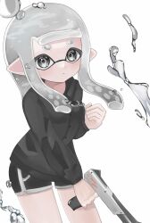 Rule 34 | 1girl, absurdres, black eyes, black shirt, black shorts, closed mouth, commentary request, dolphin shorts, grey eyes, grey trim, gun, highres, holding, holding gun, holding weapon, inkling, inkling girl, inkling player character, long hair, n-zap (splatoon), negi kobito, nintendo, shirt, shorts, simple background, solo, splatoon (series), standing, tentacle hair, thick eyebrows, weapon, white background
