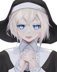 Rule 34 | 1girl, black dress, blonde hair, blue eyes, center frills, commentary request, daiiichukiii, dress, face, frilled sleeves, frills, habit, heart, heart-shaped pupils, highres, interlocked fingers, looking at viewer, nun, open mouth, original, own hands together, short hair, simple background, solo, symbol-shaped pupils, traditional nun, white background